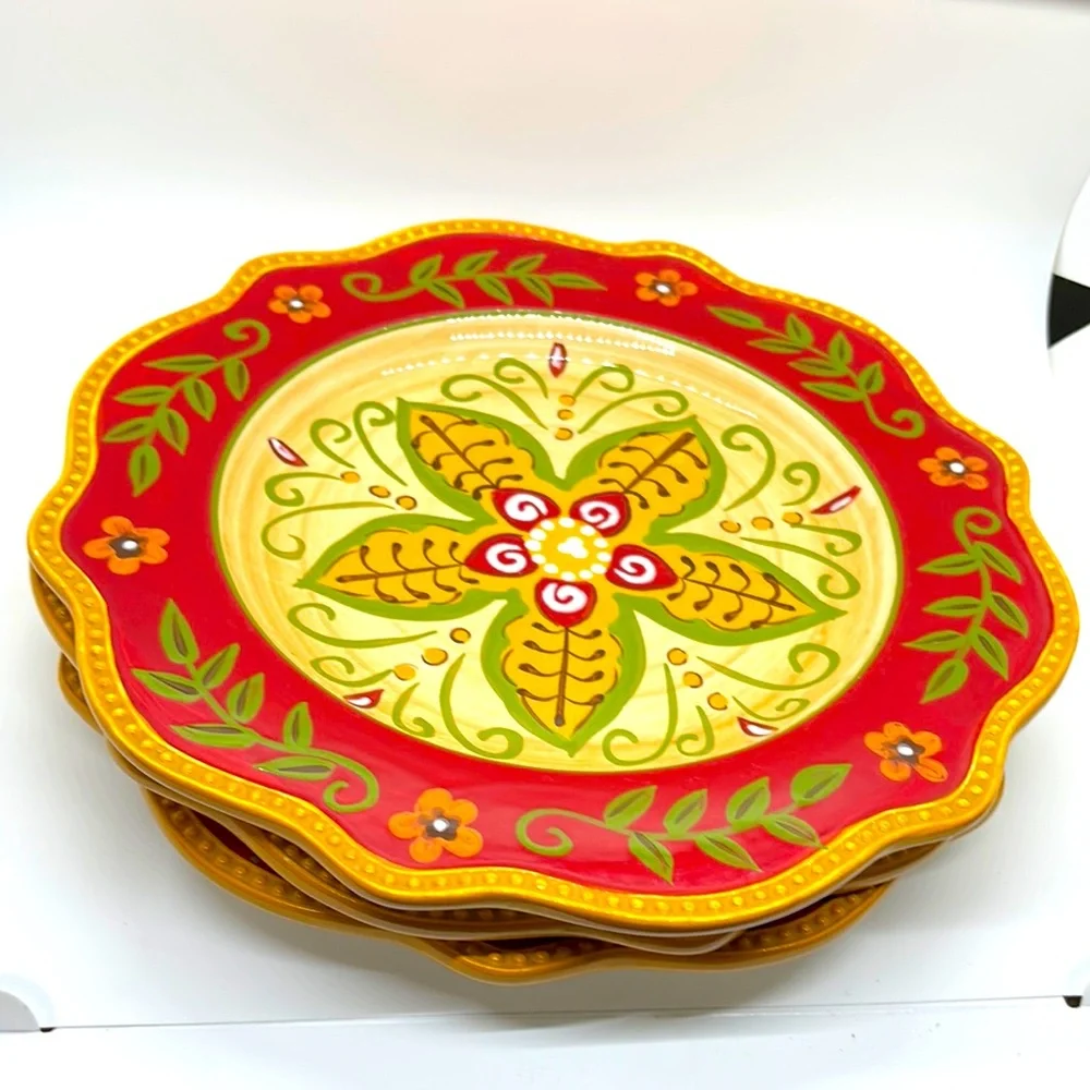 Pier 1 Juliana hand painted floral gold red scalloped edge dinner plates.